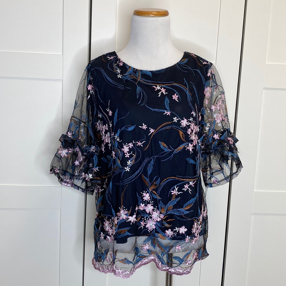 Nanette Lepore Spring‎ Bloom Dark Navy Multi Floral Embroidered Ruffle Blouse M